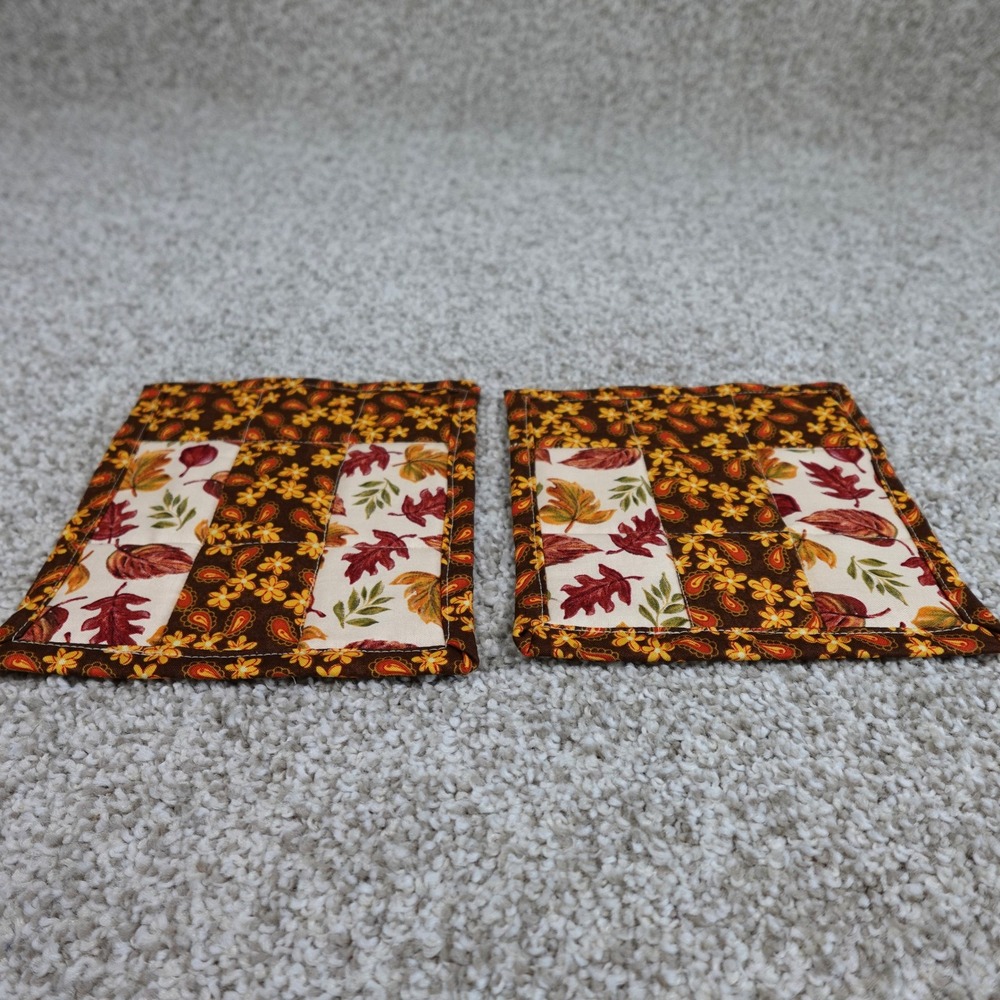 Handmade Quilted Leaf Mug Rugs Set of 2 Brown Fall Floral Cotton Coasters 6x7